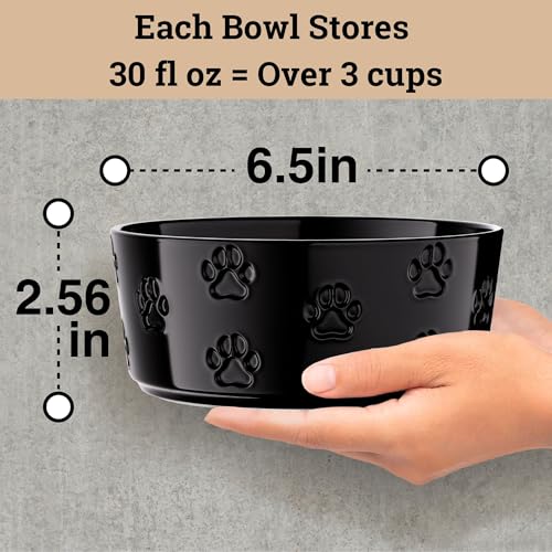 Ceramic Dog Bowl Set of 2 with Anti-Skid Base - 6.5" Wide x 2.5" Tall Ceramic Dog Bowls Medium Sized Dogs - 3.8 Cup Capacity Food and Water Bowls for Dogs - Rubber Bottom Pet Bowl Set of 2 Medium Size - color: Black, size: Medium