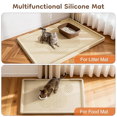 ISSEVE Cat Litter Mat 40" x 28" XL, Extra Large Silicone Mat for Litter Box, 1.38" Raised Edge Urine Waterproof Litter Trapping Mat Pad for Scatter Control, Soft on Kitty Paws, Protect Floor (Beige) - color: Beige