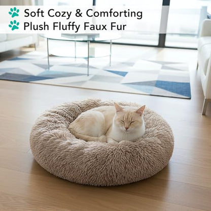 PetAmi Calming Dog Bed for Small & Medium Dogs and Cats, 23 Round Donut Dog Bed, Washable Fluffy Faux Fur Puppy & Cat Bed, Anti-Anxiety Plush Cuddler Pet Bed with Anti-Slip Bottom - Taupe - color: Taupe, size: Small - 23"