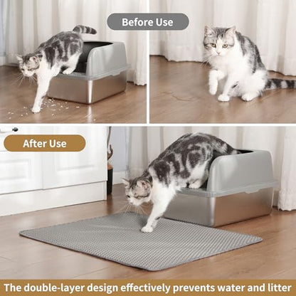 Cat Litter Mat 24x18 Inches, Honeycomb Double Layer Traps Litter & Waterproof Leatherette Bottom Prevents Urine Leaks, Durable & Easy Clean Pet Floor Protector for Cat Litter Box Area（Grey） - color: Gray(24x18 inch)