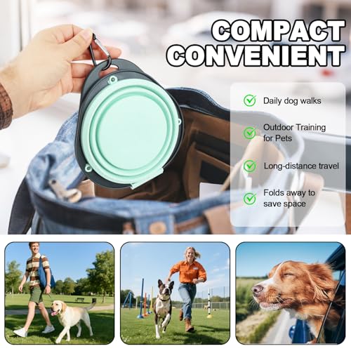 Green Collapsible Dog Bowls with Carabiner 2-in-1 Foldable Slow Food Bowl(130g)&Water Bowl(320ml) for Dogs and Cats Travel - color: Green