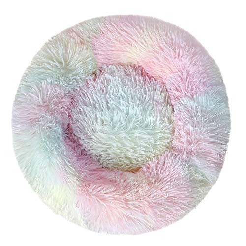 otoez Kitten Puppy Bed Extra Small XS Round Dog Cat Beds Anti Anxiety Plush Pet Calming Donut Bed with Non-Slip Waterproof Bottom, Washable (15.7", Rainbow) - color: Rainbow, size: 15.7"