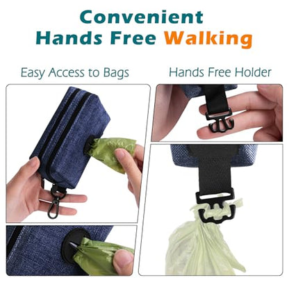 Dog Poop Bag Holder, Portable Pet Waste Bag Dispenser, 2 Pouches for Treats and Walking Accessories, Fit All Leashes, Includes 1 Roll of Dog Poop Bags (Navy Blue) - color: Navy Blue