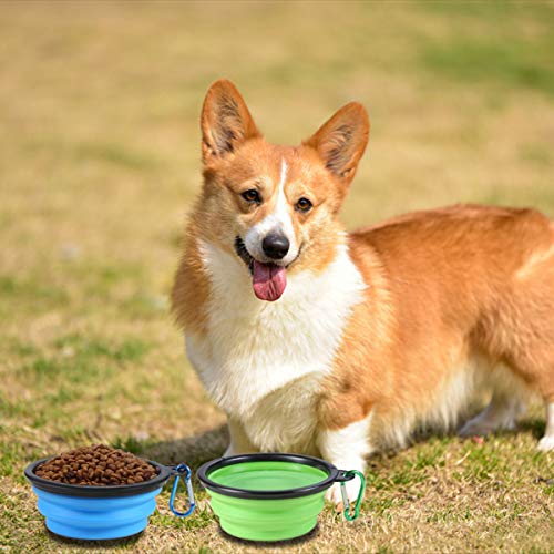 Collapsible Dog Bowl,2 Pack Portable and Foldable Pet Travel Bowls Collapsable Dog Water Feeding Bowls Dish for Dogs Cats and Small Animals,with Lids (Small, Blue+Green) - color: Blue+Green