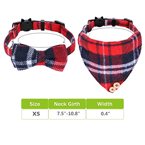 Faleela Breakaway Cat Collar with Bells - 2 Pack Cat Collar with Bells, Cat Collars with Bandana, Accessories for Pet Collars, Adjustable for Cats and Small Dogs - color: Red bow+bandana