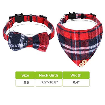 Faleela Breakaway Cat Collar with Bells - 2 Pack Cat Collar with Bells, Cat Collars with Bandana, Accessories for Pet Collars, Adjustable for Cats and Small Dogs - color: Red bow+bandana