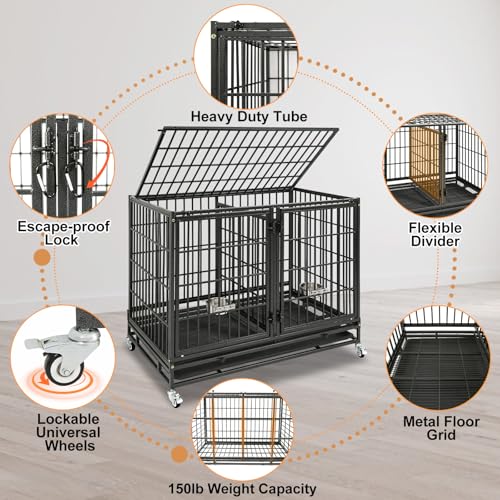 Homey Pet Stackable 43 inch Dog Crate Cage Kennel Indoor with Divider, 2X Steel Bowls, 4X Lockable Wheels, Tray, Heavy Duty Wire Dog Crates for Large/Medium/Small Dogs (Tall Model) - size: 42.5"L - Tall