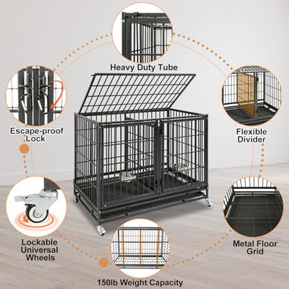 Homey Pet 43 Inch Two Tiers Dog Crate Cage Kennel with Divider, Stackable Heavy Duty Dog Crate for Large Dogs, Escape Proof Indestructible Dog Kennel Indoor with Removable Tray, Lockable Wheels - size: 43"L - 2 Tiers