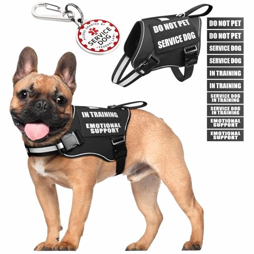 Service Dog Vest Harness+ID Tag+10 Patches,Metal Serivce Dog Tag&Reflective Emotional Support Dog Vest with Handle for Small Dogs,Easy Put On/Off for Training/Walking/Everyday Black S - color: Black, size: S