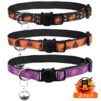 3PCS Halloween Breakaway Cat Collars with Bell Safety Adjustable Soft Nylon for Kitten Collars