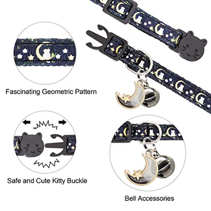 2 Pack Breakaway Cat Collar with Bells,Adjustable Moon and Star Kitten Safety Collars for Boys & Girls,Black+Purple - color: Black+Purple