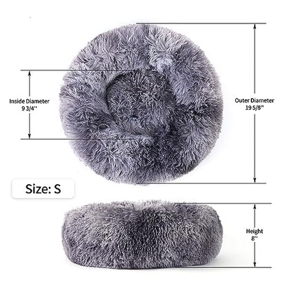 Calming Donut Dog Bed for Small to Medium Dogs & Cats - Plush Faux Fur Anti-Anxiety Pet Bed with Machine Washable Cover & Non-Slip Base - color: Bandhnu Dark Grey, size: Small 19.6''