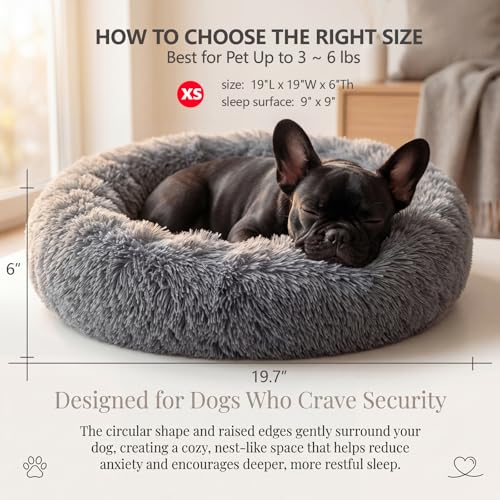 Small Calming Dogs Bed for Small Dogs Anti-Anxiety Machine Washable Fluffy Luxury Anti-Slip Waterproof Mute Base Warming Cozy Soft Pet Puppy Round Bed - color: Dark grey, size: 19 inches