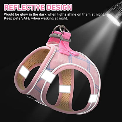 Small Dog Harness Collar and Leash Set, Step in No Chock No Pull Soft Mesh Adjustable Dog Vest Harnesses Plaid Reflective for Dogs Puppy Cats Kitten Rabbit (Pink, XXS) - color: Pink, size: XXS