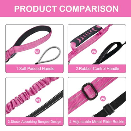 2 Pack Heavy Duty Dog Leash for Medium Large Dogs That Pull,4-6FT Shock Absorbing Bungee Tactical Dog Leash with Control Padded Handle and Car Seatbelt,Reflective Walking Training Lead,Pink - color: 2-Pack Pink