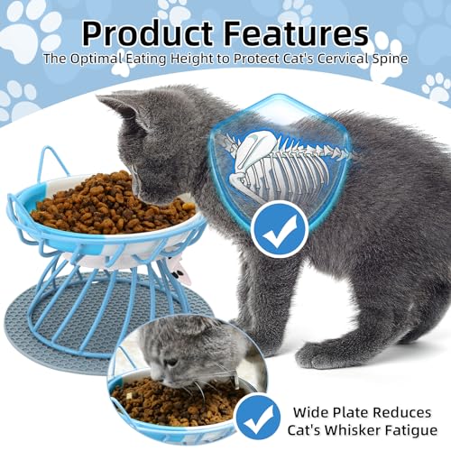 Raised Cat Food Bowl - Elevated Feeder Stand with Shallow Ceramic Dish, Whisker-Friendly No-Spill Water Bowl - color: Blue