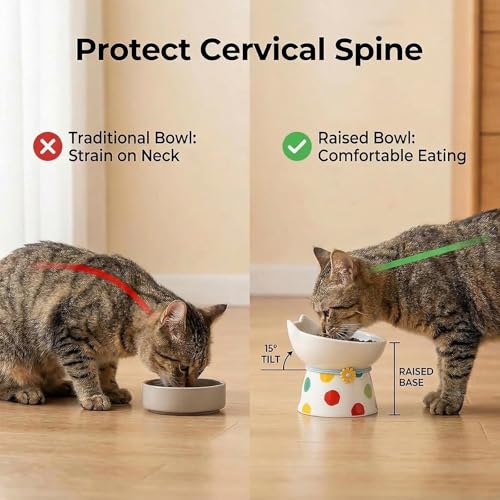 Elevated Ceramic Cat Bowls, 15°Raised Cat Food Bowl,Whisker Friendly Anti Vomiting Cats Dishes,Anti Vomiting&Protect Pet's Spine,Feeder Dish for Indoor Kitty and Small Dogs (Polka dot Tall cat Bowl) - color: Polka dot tall cat bowl