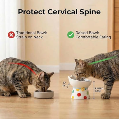Elevated Ceramic Cat Bowls, 15°Raised Cat Food Bowl,Whisker Friendly Anti Vomiting Cats Dishes,Anti Vomiting&Protect Pet's Spine,Feeder Dish for Indoor Kitty and Small Dogs (Polka dot Tall cat Bowl) - color: Polka dot tall cat bowl