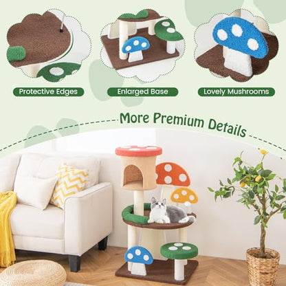 Tangkula Mushroom Cat Tree, Cute Cat Tower with Full-Wrapped Sisal Post, Scratching Board & Spring Ball, Cat Condo, Flower Cat Tree Tower for Indoor Cats Large Adult (40.5 Inch) - size: 40.5 Inch