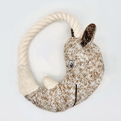 Rustic Knit Horned Tugger Dog Toy - Plush & Rope Tug Toy for Dogs | Knitted Chew Toy with Hemp Rope Loop | Safe Embroidered Eyes | Tug of War Fetch Toy for Small Medium Dogs
