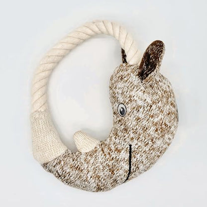 Rustic Knit Horned Tugger Dog Toy - Plush & Rope Tug Toy for Dogs | Knitted Chew Toy with Hemp Rope Loop | Safe Embroidered Eyes | Tug of War Fetch Toy for Small Medium Dogs