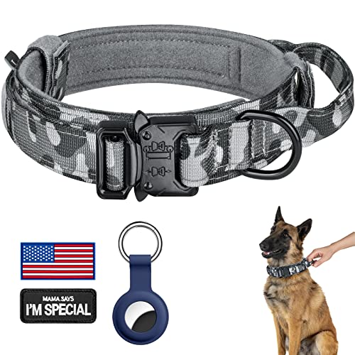 DAGANXI Tactical Dog Collar, Adjustable Military Training Nylon Dog Collar with Control Handle and Heavy Metal Buckle for Medium and Large Dogs, with Patches and Airtags Case (L, Camo) - color: Camo, size: L