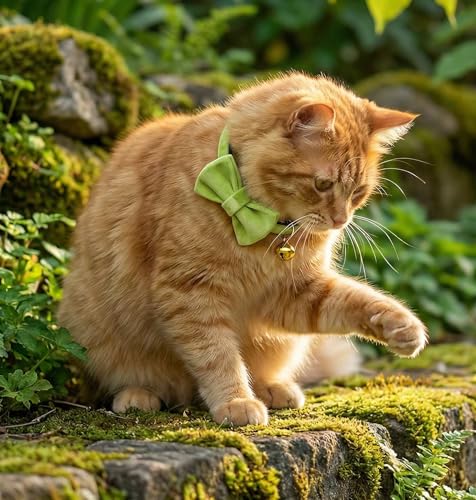 Personalized Velvet Cat Collar with Bell, Custom Engraved Name and Phone Number, Adjustable Luxury Kitten Collar, Non-Breakaway Secure ID Collar for Cats and Kittens - color: Green, size: L