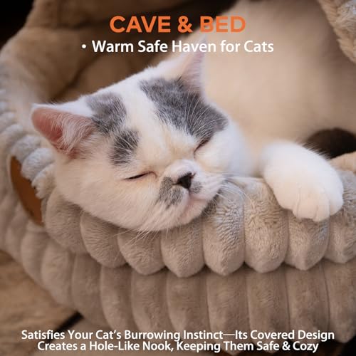 Cat Cave Bed for Indoor Cats, Washable Covered Cat Bed Hooded Kitty Bed Soft Fluffy Pet Bed for Puppy and Small Dog(Khaki) - color: Khaki
