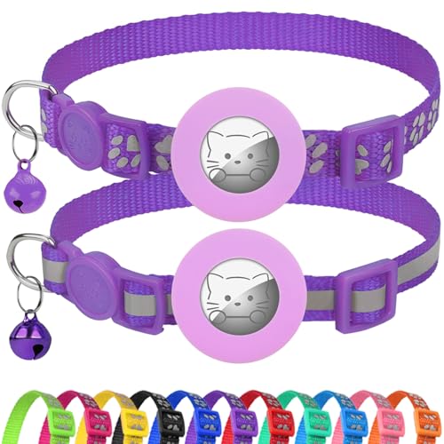 Joytale AirTag Cat Collar 2 Pack with Breakaway Safety Buckle, Reflective Cats Collar with AirTag Holder, Adjustable 7.5-12.5 Inch, Anti-Fraying Lightweight for Girl Boy Kitten, Purple - color: Purple