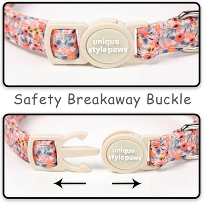 Unique style paws 2 Pack Valentine Kitten Collar Breakaway with Bell&Pendant, Adjustable Safety Spring Summer Blue Pink Flower Cotton Collar for Girl Boy Cat and Small Pet - color: blue pink flower