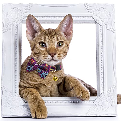 Faygarsle 2 Pack Cotton Designer Breakaway Cats Collar with Bow Tie and Bell Graffiti Style Cat Collars for Girl Female Boy Male Cat Collar with Bell Collars for Cats Purple Yellow - color: Purple&Yellow