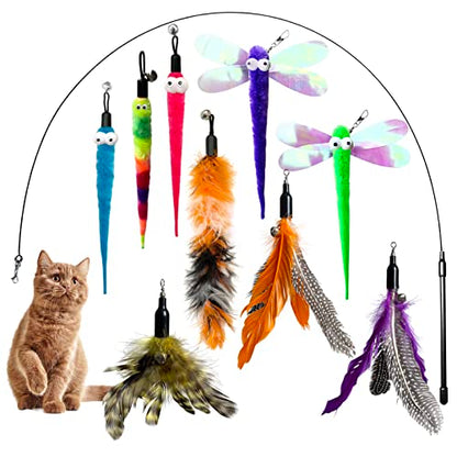 Cat Toy Wand with Pole, 9PCS Feather Refills Interactive Fishing Pole Teaser Rod Toy for Indoor Cats Kittens (9Pcs B) - color: 9Pcs B