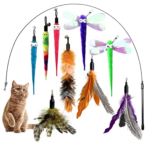 Cat Toy Wand with Pole, 9PCS Feather Refills Interactive Fishing Pole Teaser Rod Toy for Indoor Cats Kittens (9Pcs B) - color: 9Pcs B