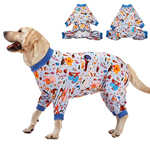 LovinPet Pajamas for Big Dogs, Pet Anxiety Relief, Sun Protection Dog Pajamas, Lightweight Stretchy Knit Fabric, Woodland Musicians Print, PJ's for Dogs, Stop Shedding for Dogs, Pet PJ's, L - size: Large