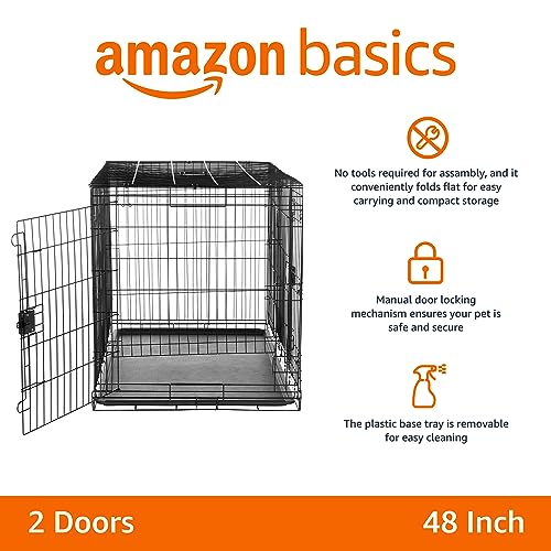 Amazon Basics Portable Metal Wire Dog Crate for Large Dogs, Double Door with Removable Tray, Divider Panel, Easy to Assemble, 48" x 30" x 32.5", Black - size: 48.0"L x 30.0"W x 32.5"H, style: Double Door w/ Divider