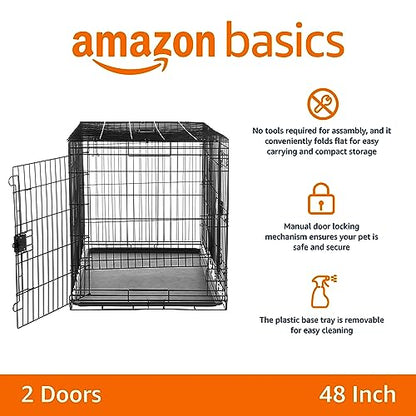 Amazon Basics Portable Metal Wire Dog Crate for Large Dogs, Double Door with Removable Tray, Divider Panel, Easy to Assemble, 48" x 30" x 32.5", Black - size: 48.0"L x 30.0"W x 32.5"H, style: Double Door w/ Divider