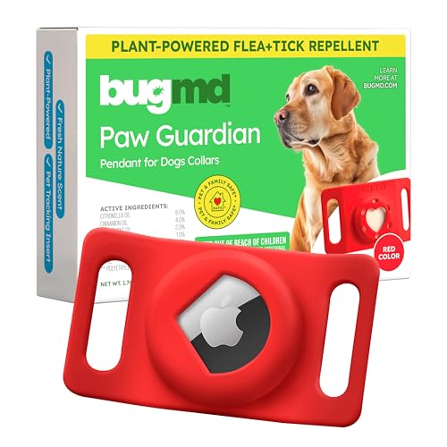 BugMD Paw Guardian Flea and Tick Prevention Pendant for Dogs with AirTag Holder | Plant-Powered Flea & Tick Control for Dog Collars Harnesses | Dog Tag with Air Tag Holder - Red - color: Red, size: 1 Pack