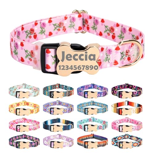 Personalized Custom Customized Silent No Jingle Dog Collar with Engraved ID Dog Name Phone Number/Dog Collars for Puppy X-Small Small Medium Large X-Large Boy Girl Dogs-Rose Heart-S - color: 11 Rose Heart, size: Small (0.6" * 10"-15.3")