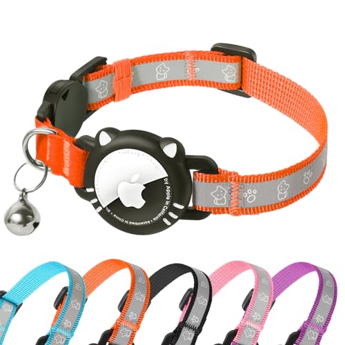 Airtag Cat Collar, Reflective Cat Collar with Apple Air Tag Holder, Breakaway GPS Tracker Pet Collar with Bell for Cat Kitten, Airtag Not Included, Orange, S(9-11 Inch) - color: Orange, size: S (9-13 Inch)