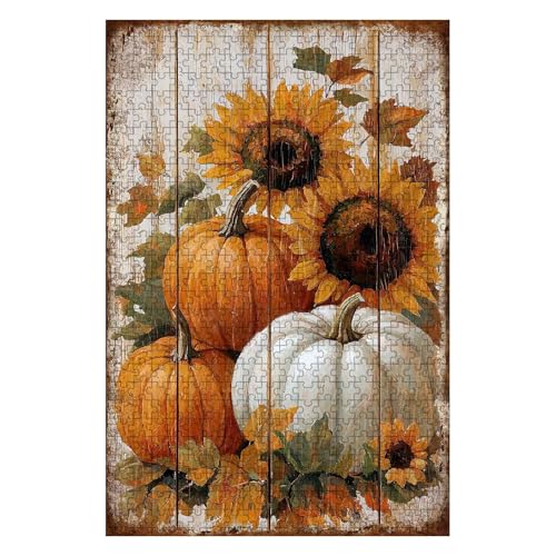 500 Pieces Jigsaw Puzzles for Adults, Fall Sunflower Pumpkin Rustic Wood Art Puzzle, Stress Relief Concentration Training Brain Teaser Puzzle 20.4x15 Inch - color: Wooden Puzzle10, size: 500 Piece pcs