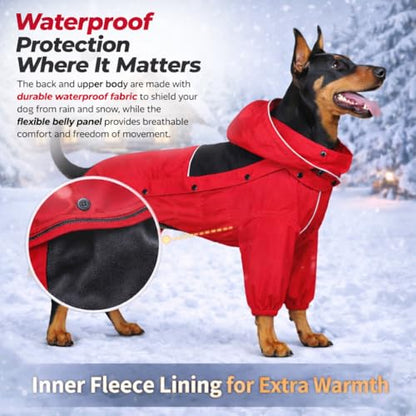 LOVELONGLONG Fleece-Lined Dog Raincoat with Removable Hood – Waterproof Winter Full Body Dog Jacket – Windproof Snowproof Cold-Weather Suit – Red-F XXS - color: Red-Fleeced, size: XXS (Back 9")