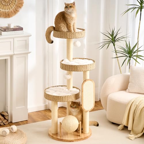 797Audio Wood Modern Cat Tree for Large Cat, 47" Tall Cat Tower with Scratching Posts, Cat Beds, Aesthetic Multi-Level Cat Climbing Tree with Hand-Woven Bed for Adult Indoor Cats - color: 47 Inch-Woven