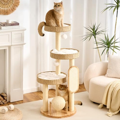 797Audio Wood Modern Cat Tree for Large Cat, 47" Tall Cat Tower with Scratching Posts, Cat Beds, Aesthetic Multi-Level Cat Climbing Tree with Hand-Woven Bed for Adult Indoor Cats - color: 47 Inch-Woven