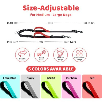 Double Dog Leash - No Tangle Splitter for Two Dogs, Coupler with Adjustable Long Lead Rope, Dual Control Handles, Retractable No Pull Bungee, Walk Train Small Medium Large 2 Pets (Red) - color: Red