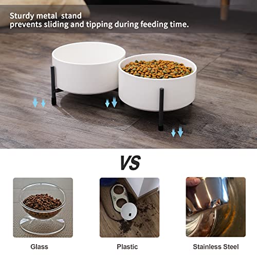 32 oz Ceramic Dog Cat Bowl Set of 2 with Elevated Metal Stand - 6 Inch Ceramic Round Pet Food and Water Feeder Bowl Dish for Cats & Dogs - White