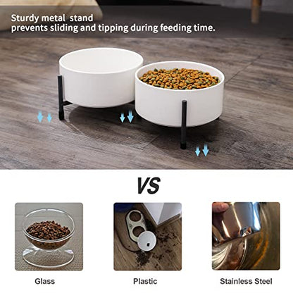 32 oz Ceramic Dog Cat Bowl Set of 2 with Elevated Metal Stand - 6 Inch Ceramic Round Pet Food and Water Feeder Bowl Dish for Cats & Dogs - White
