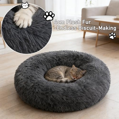 Calming Donut Dog Beds for Small Dogs Kitten - Washable Removable Cover Non-Slip Bottom, Round Pet Bed Puppy Bed Warming Fluffy Faux Fur Anti-Anxiety, Fits up to 15 lbs (Dark Grey, 20") - color: Dark Grey, size: 20"L x 20"W x 8"Th