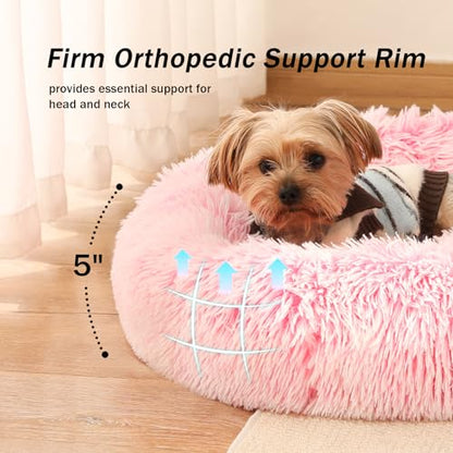Calming Donut Dog Bed for Small to Medium Dogs & Cats - Plush Faux Fur Anti-Anxiety Pet Bed with Machine Washable Cover & Non-Slip Base - color: Gradient Pink, size: X-Small 15.7''