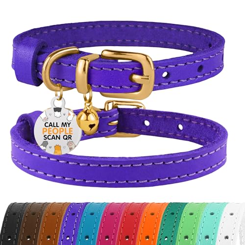 Leather Cat Collar with Removable Bells Non Breakaway Kitten QR Tag for Girl Boy (7" - 9" for Cats, Purple & Gold) - color: Purple & Gold, size: 7 - 9 inch