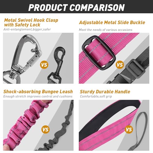 AUBELL Tactical Dog Leash Heavy Duty,4-6ft Reflective Strong No Pull Bungee Leash for Medium Large Dogs with Comfortable Padded Double Handle,Car Seat Belt,360 Degree Rotating Carabiner,Pink - color: M/L-Pink(4-6FT)